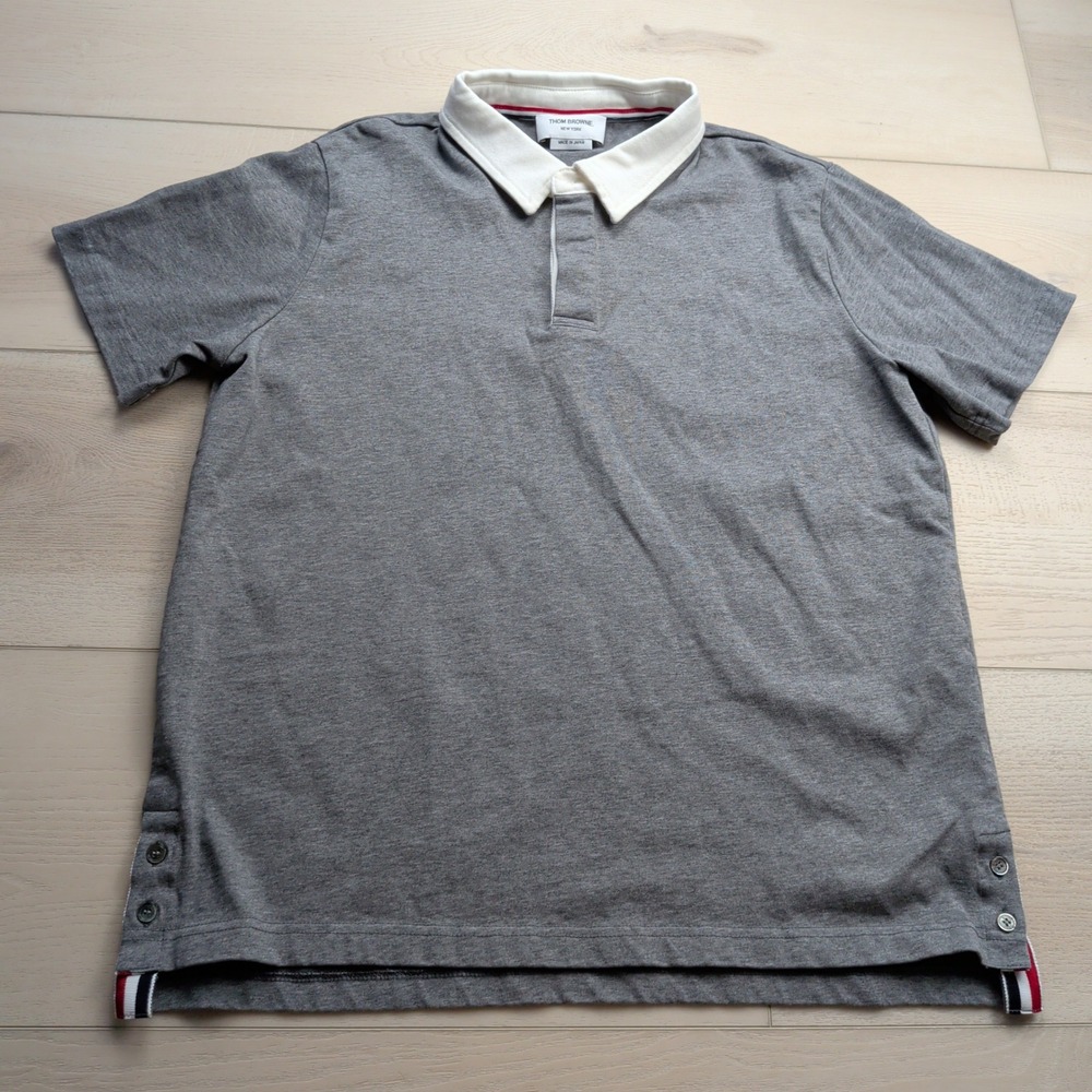 Thom Browne New York Rugby Polo Shirt Mens 2 Medium Grey Cotton Made in Japan